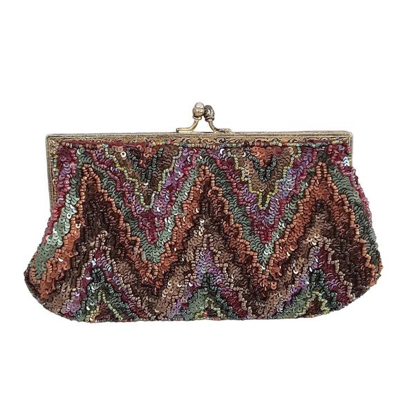 Vintage 1980s Beaded Clutch Kiss Lock Chevron Multicolor Evening Bag Hollywood - Picture 2 of 9
